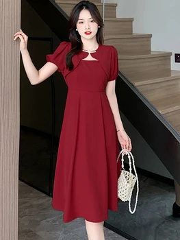 Ženy Červená Patchwork Elegantné Duté Z Elegantné Dlhé Šaty Letné Krátky Rukáv Bodycon Bežné Šaty 2023 Kórejský Retro Party Šaty